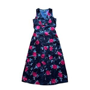 Vintage 90's Knapp Floral Rose Print V-Neck Faux Wrap Maxi Dress with Waist Tie